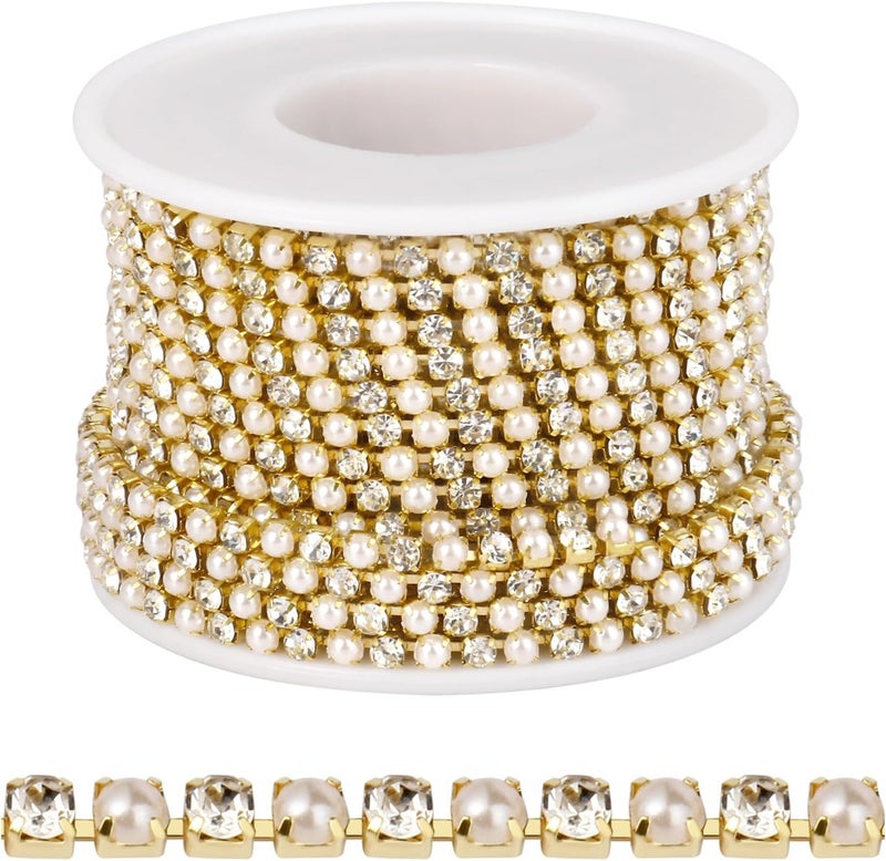 Ucevi 10 Yards Gold Pearl Rhinestone Trim Chain for Craft, 3MM Rhinestone Pearl Beaded Cup Chain Trim by Yard for Sewing DIY Crafts Jewelry Making Decoration - Image 1